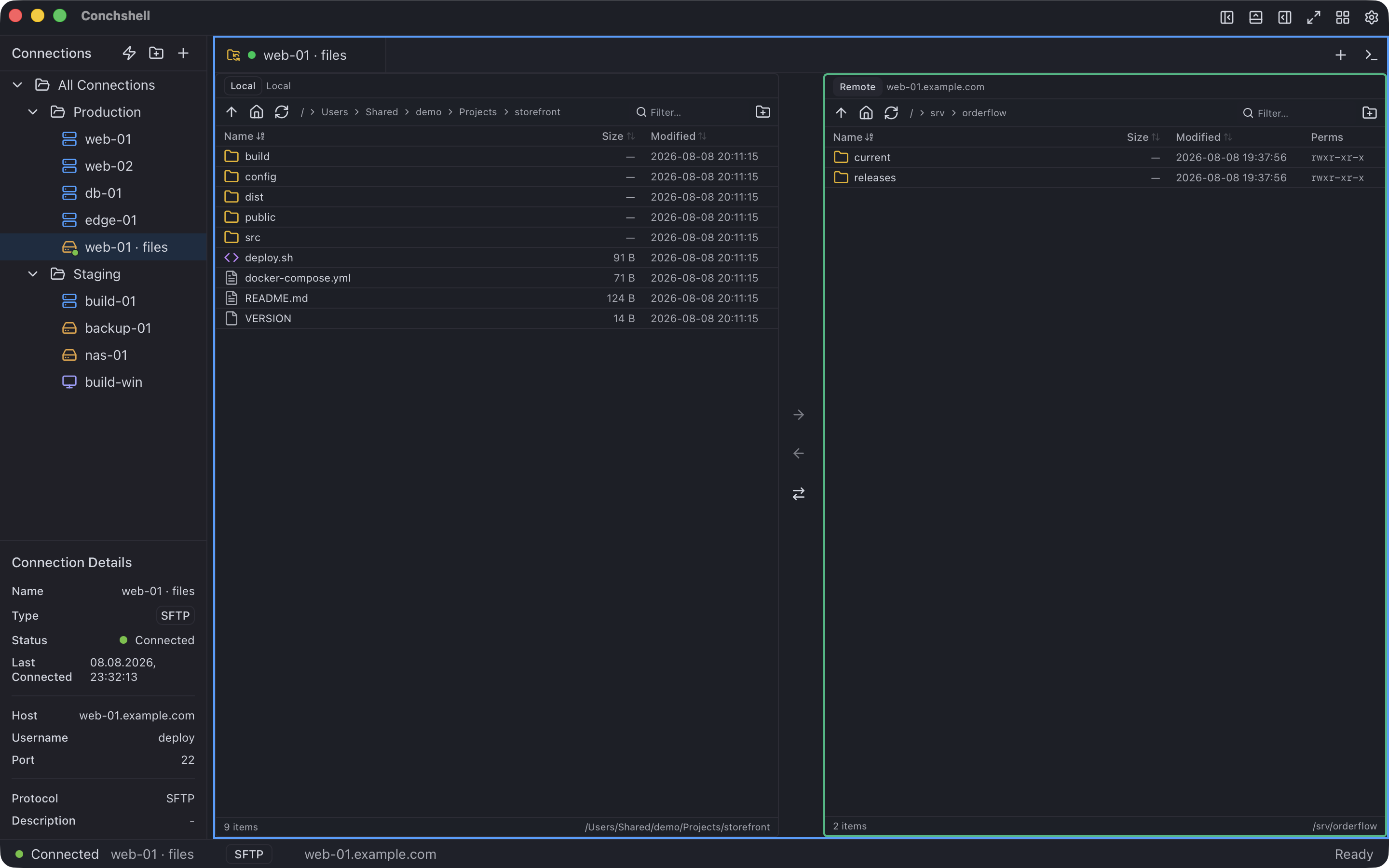A file browser with a project directory on this machine in the left panel and a server directory in the right, transfer arrows between them