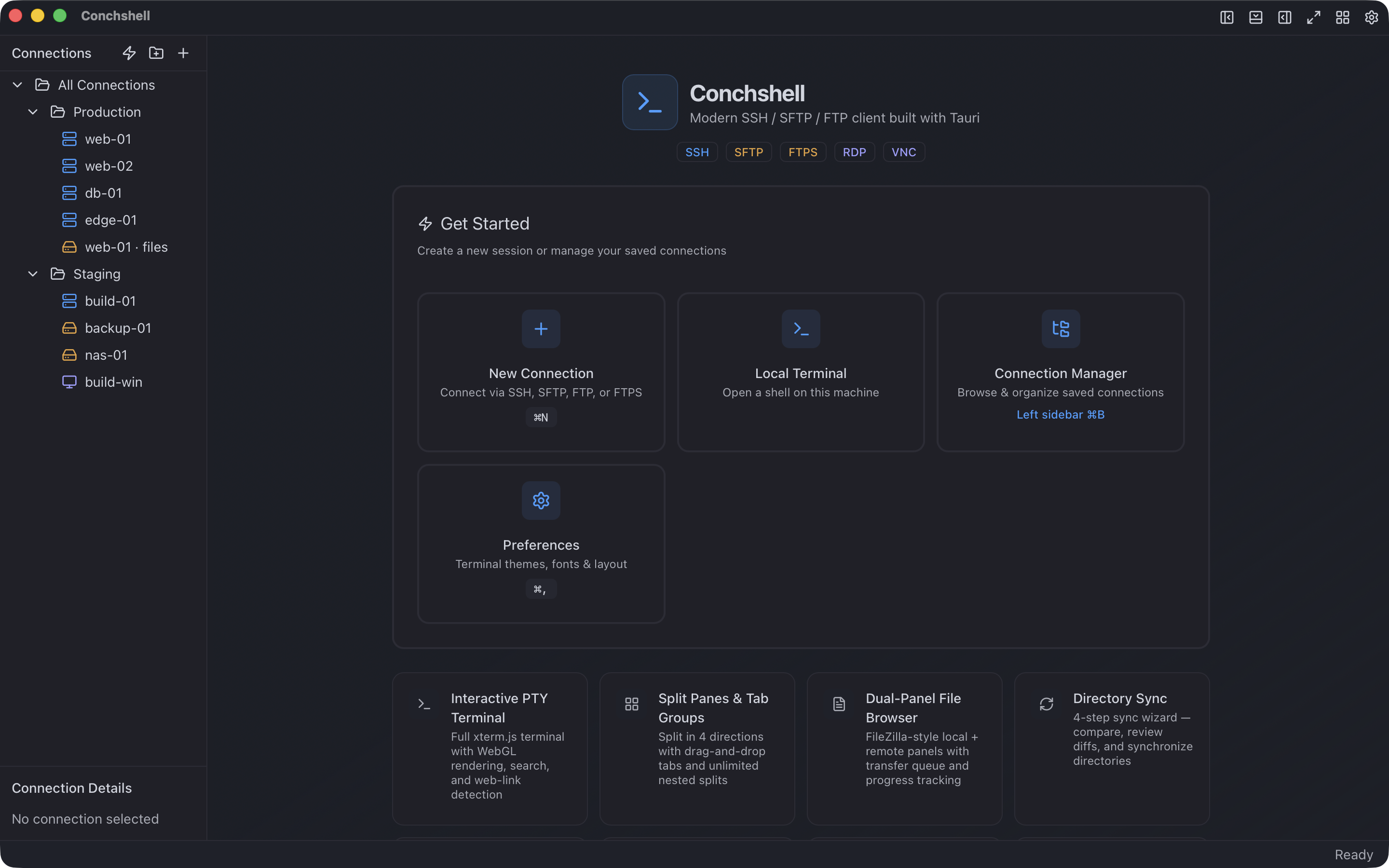 The application window: the saved-connection tree on the left, the start screen with four quick actions beside it
