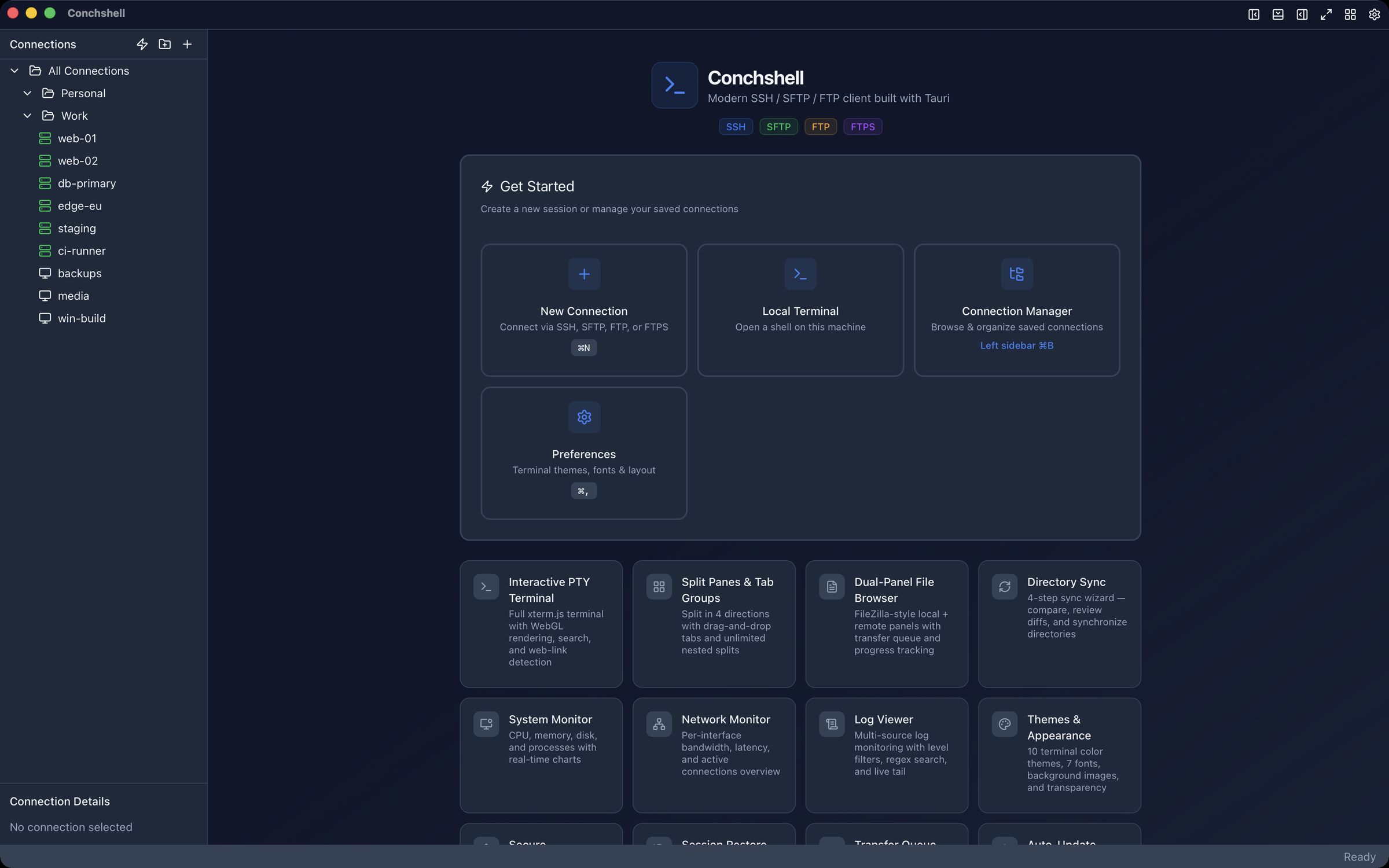 Connections, terminal, files and remote desktop in one window.