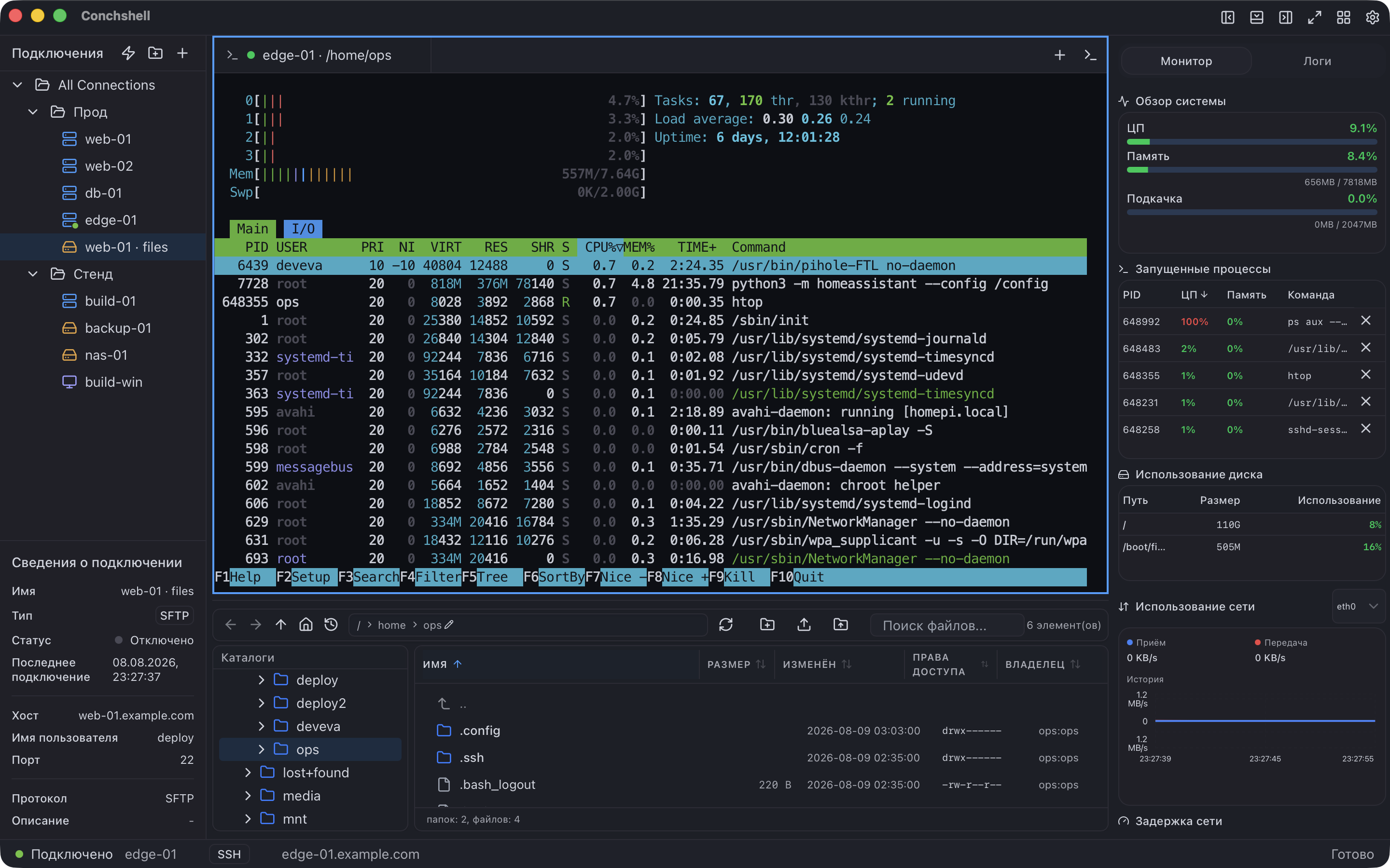 Таблица процессов htop на удалённой машине, рядом панель с её процессором, памятью, диском и сетью