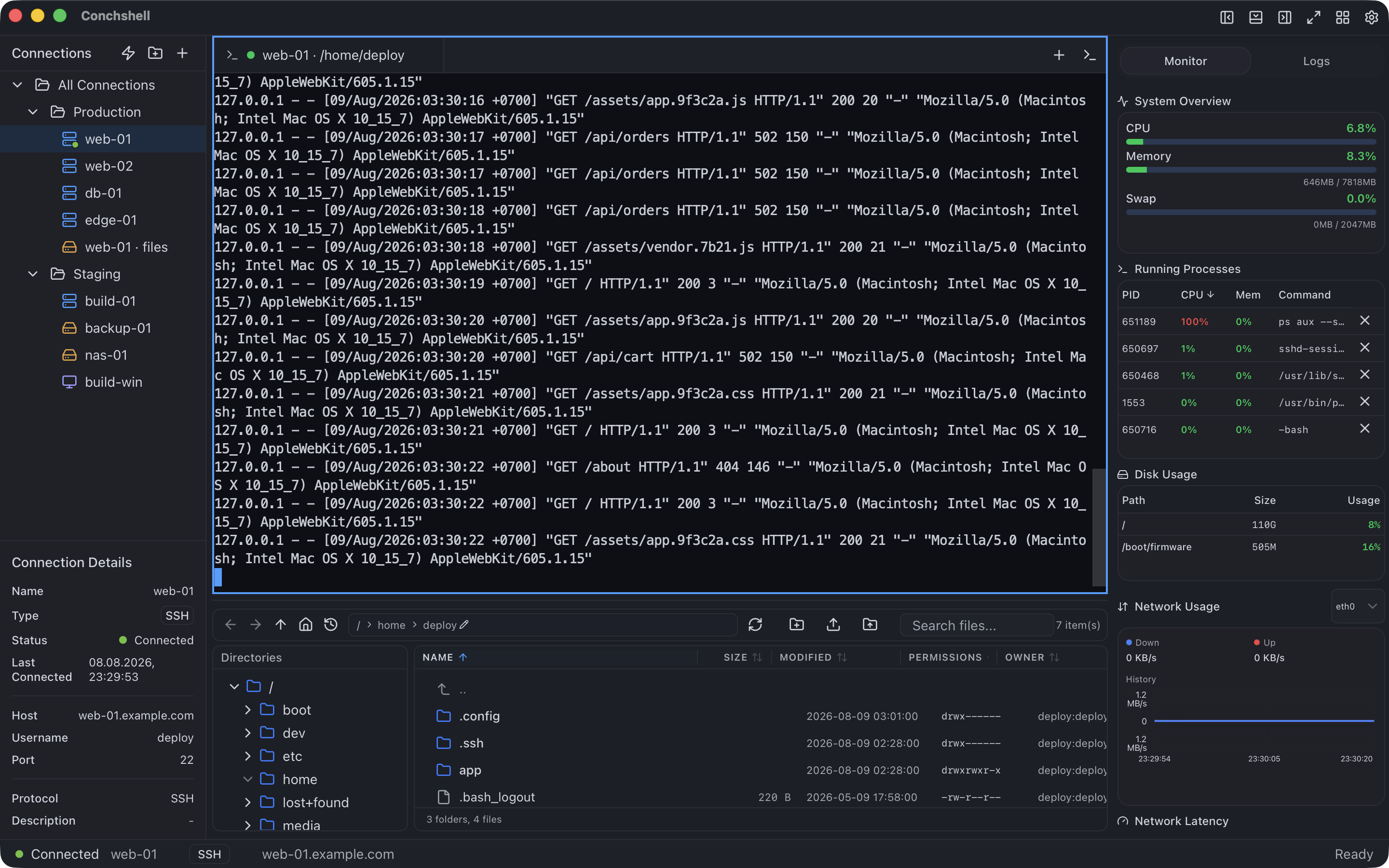 A shell streaming an nginx access log line by line, with the host's processor, memory, disk and network panel on the right