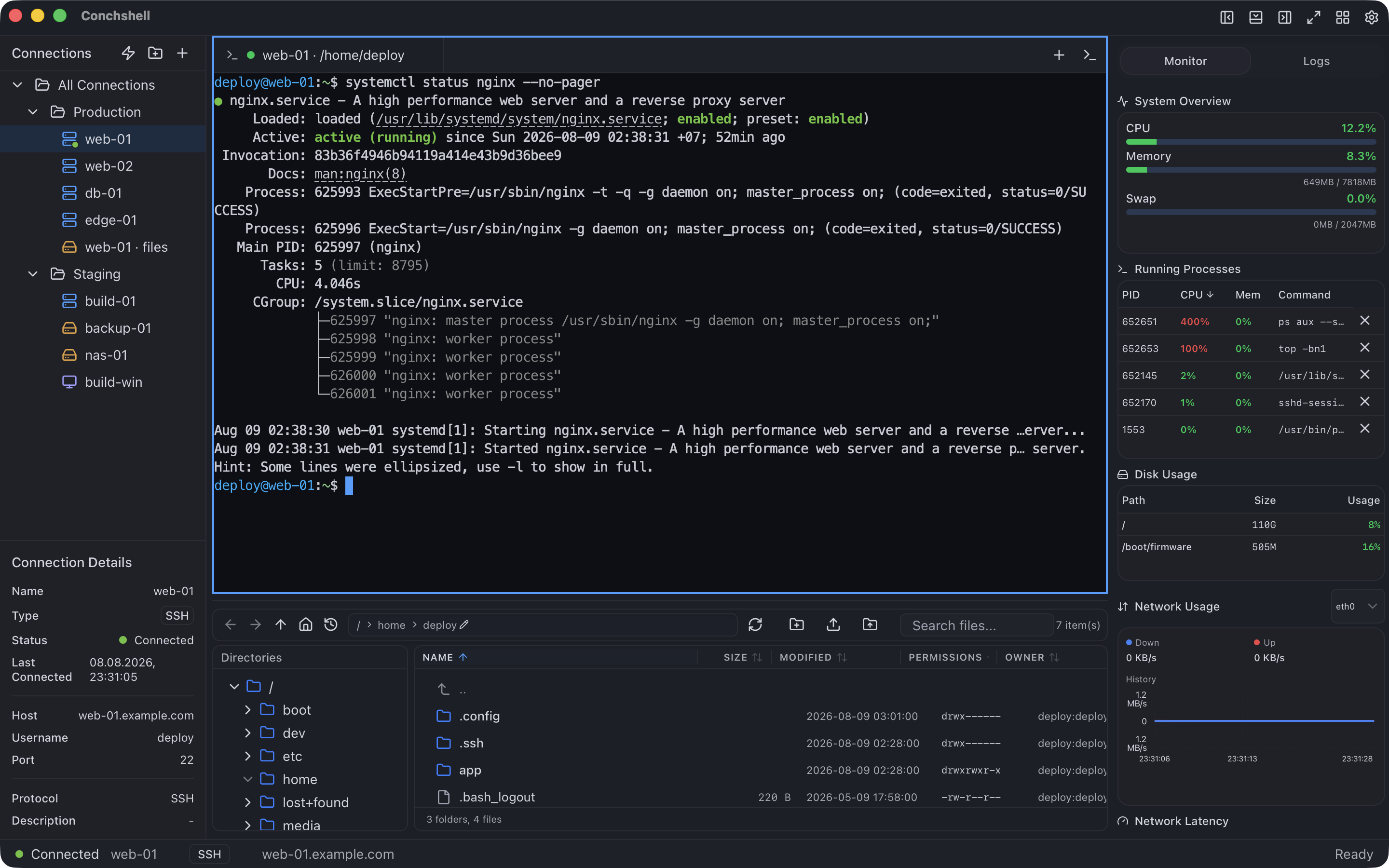 systemctl output for nginx in one pane, the connection tree on the left and the file browser below