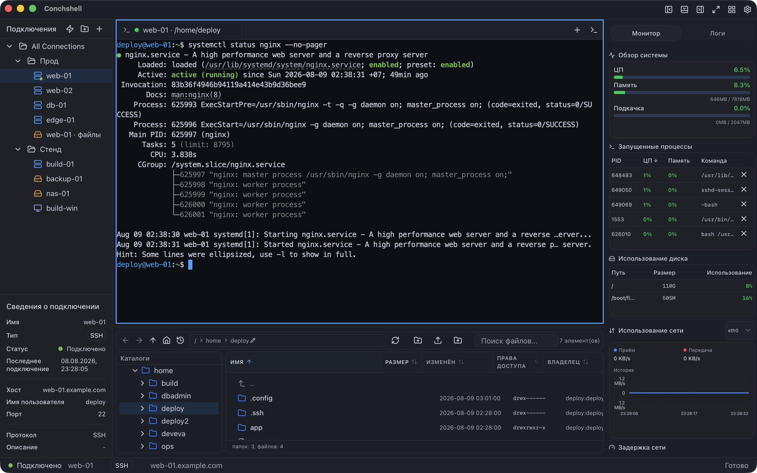 Вывод systemctl для nginx в панели терминала, слева дерево подключений, ниже файловый браузер